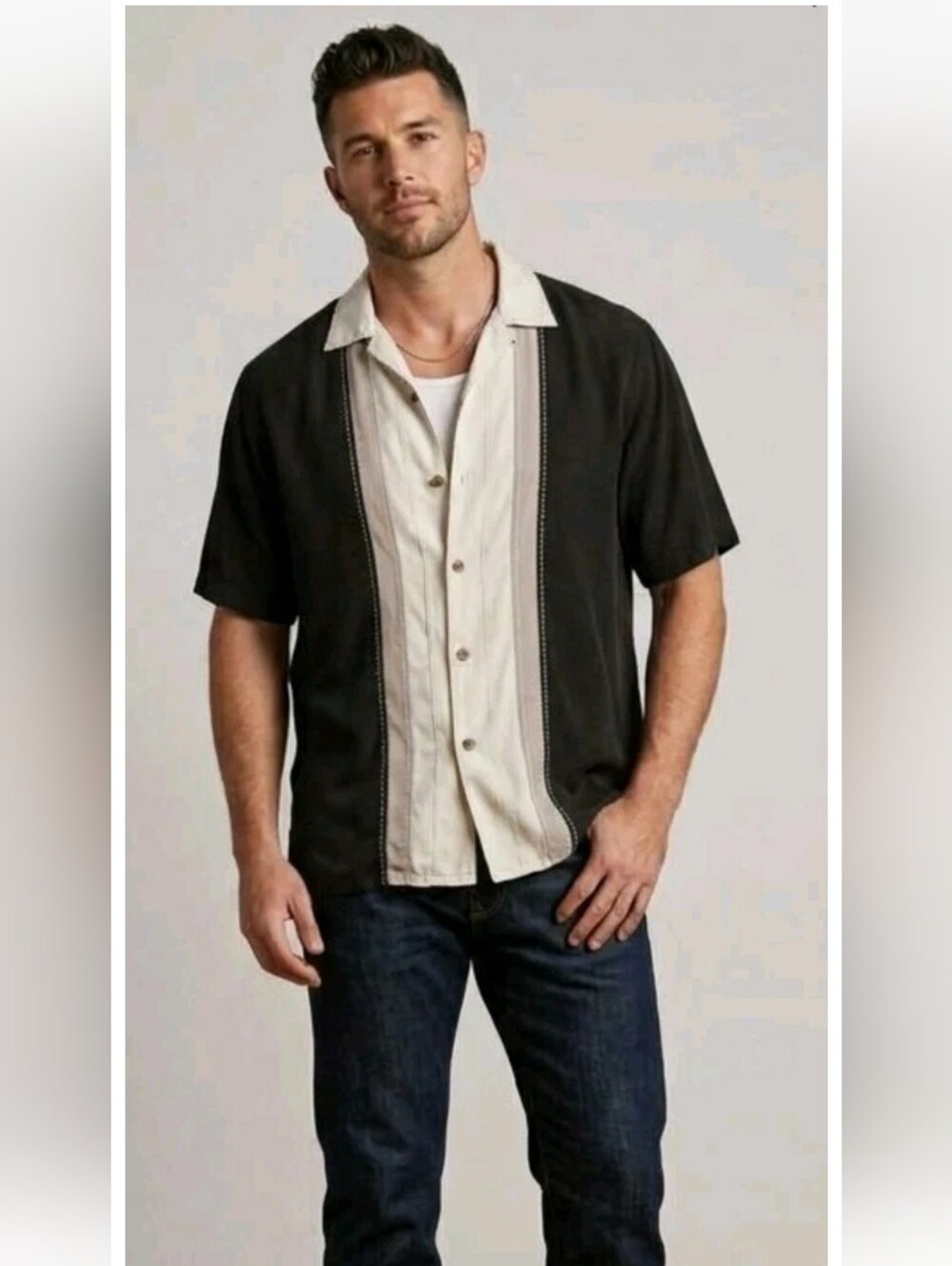 Vintage Silk Circa 1969 Shirt Black Beige Colorblock 100% Silk Bowling Sopranos